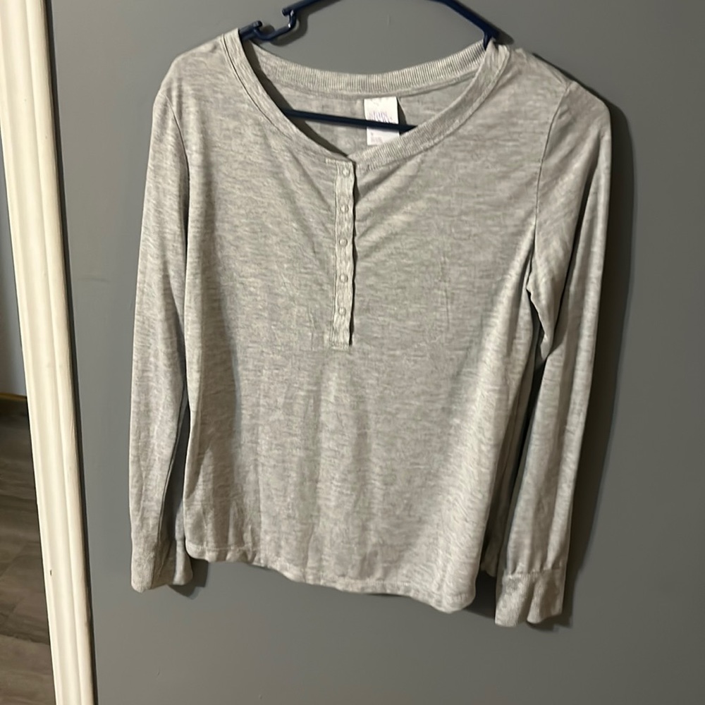 light grey sleep shirt half button up size small and sheer